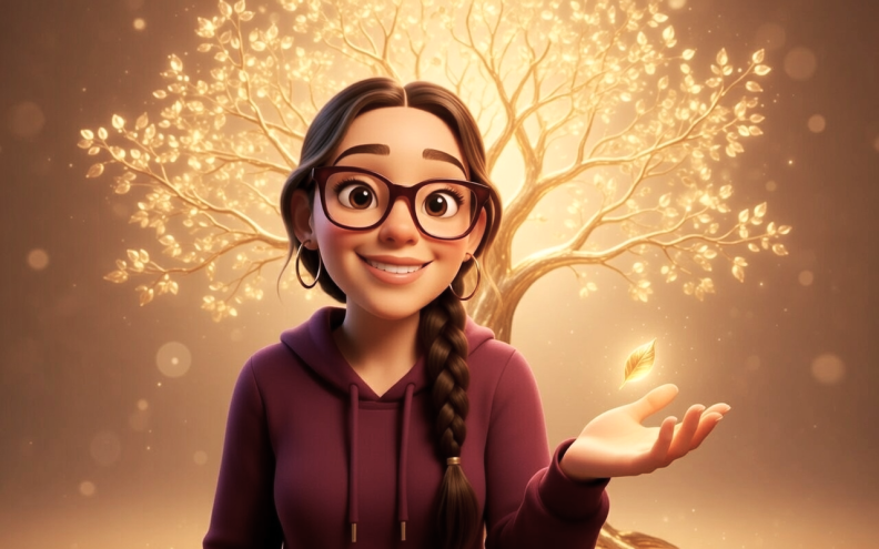 Une femme avec des lunettes, les cheveux tressés, avec une main ouvert avec une feuille dorée qui flotte et un arbre doré et lumineux en arrière-plan.