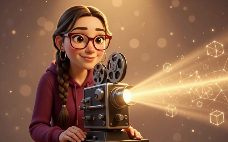 Une jeune femme aux cheveux longs et aux lunettes tient un projecteur de film vintage avec un écran et une source lumineuse.
