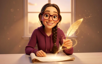 Une femme avec des lunettes, les cheveux tressés, expression chaleureuse, est assise à un bureau avec  avec une plume dorée dans la main droite et un parchemin devant elle, il y a une fenêtre à l'arrière-plan.